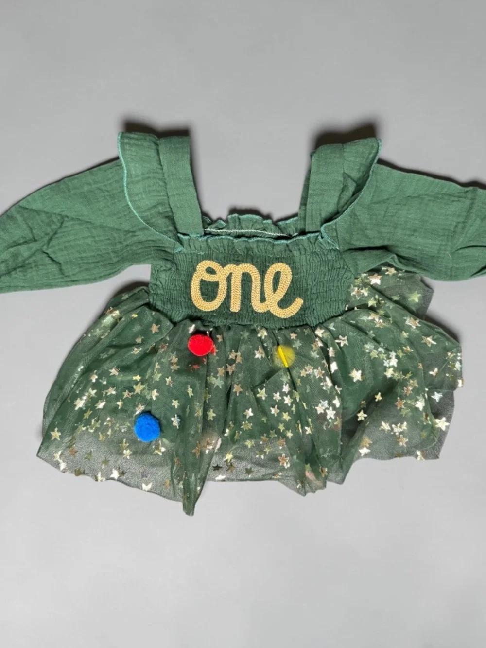 Baby Girl ONE Birthday Tulle Romper Green Gold Stars 3-6M